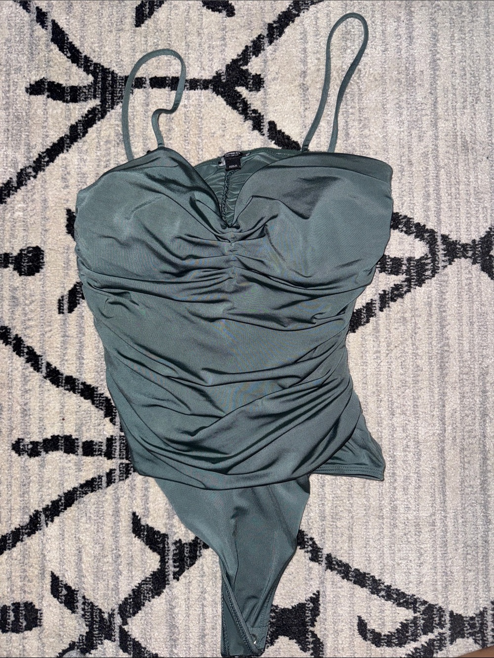 Express Dark Green Ruched Tank Bodysuit with Adjustable Straps